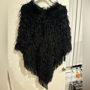 Black Faux Fur Poncho Shawl with Fringe | Boho Festival Layer | Hand Wash